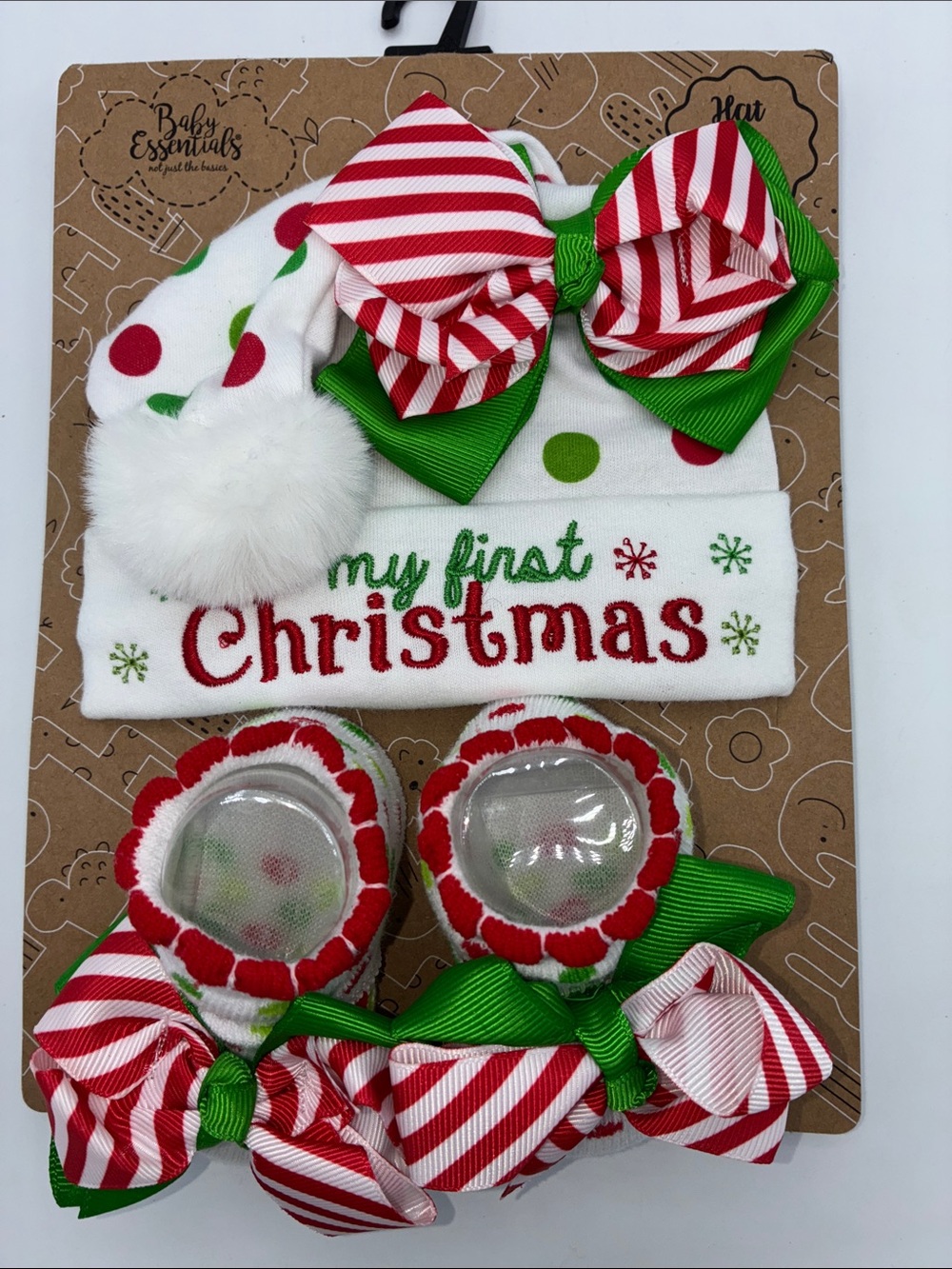Baby 'My First Christmas' Santa Hat w/ Bow & Booties Set Red, White, Green 0-12M